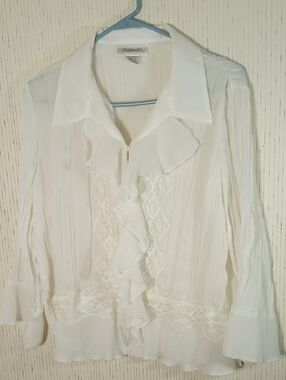 Chadwicks White Ruffled Lace-Front Button Down Blouse, Feminine, Holidays, Off